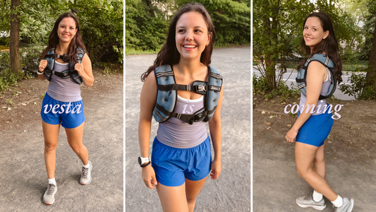Three-panel collage of a woman in a weighted vest walking outdoors. Text reads 'vesta is coming' over a park backdrop.
