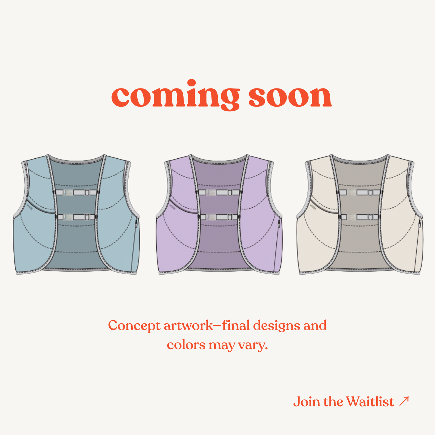 Concept sketch of Vesta women’s weighted vest in three colorways with “coming soon” text on a white background.